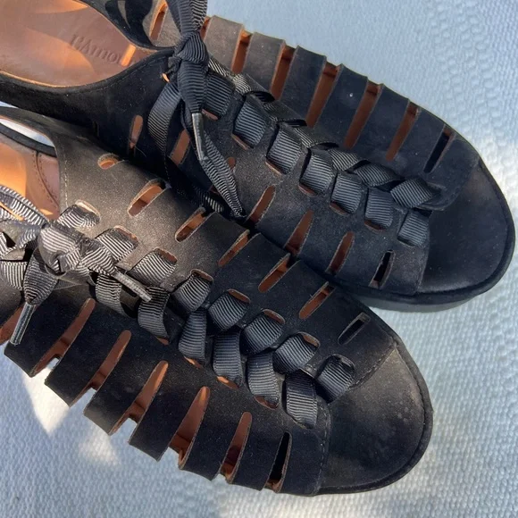 L’Amour Des Pieds Amarli Black Nubuck Leather Ribbon Platform Sandals 8 - Picture 2 of 8